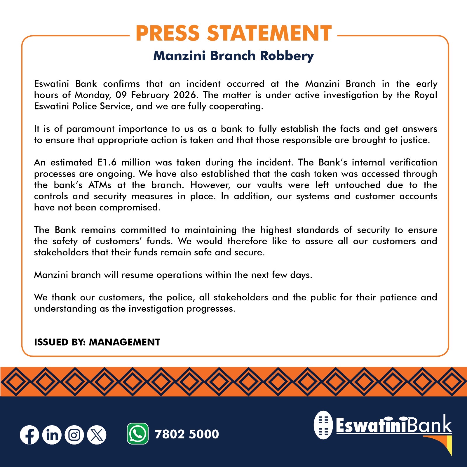 ESWATINI BANK PRESS STATEMENT - Manzini Branch Robbery.