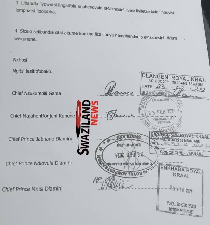 REVEALED:King Mswati,Queen Ntombi Tfwala’s conflicting orders intensify dispute at Mangwaneni, neighboring Chiefs sign petition,wants Mbabane Manicipality stopped from selling plots.