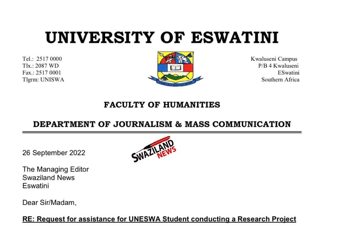 Editor Zweli Martin Dlamini grants permission to Eswatini and international Universities to use Swaziland News articles for journalism research.