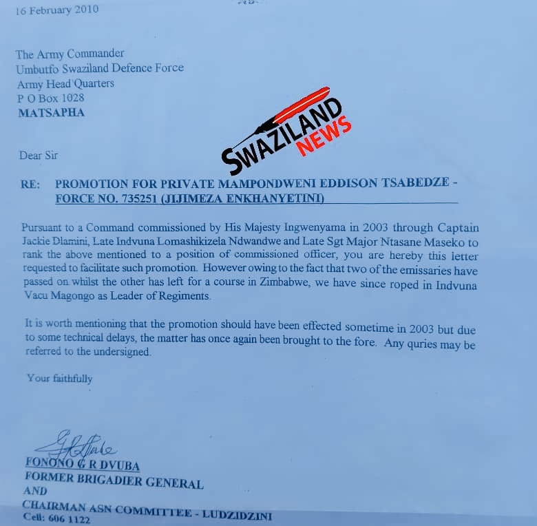 ROYAL ORDER SABOTAGED:Army Commander Mashikilisane Fakudze defies King Mswati by refusing to promote soldier Mampondweni Eddison Tsabedze, promotes his own children.