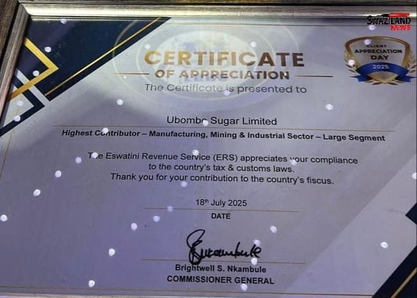 Ubombo Sugar Limited wins highest tax contributor award once again as Eswatini Revenue Service(ERS) recognizes compliant corporate taxpayers.