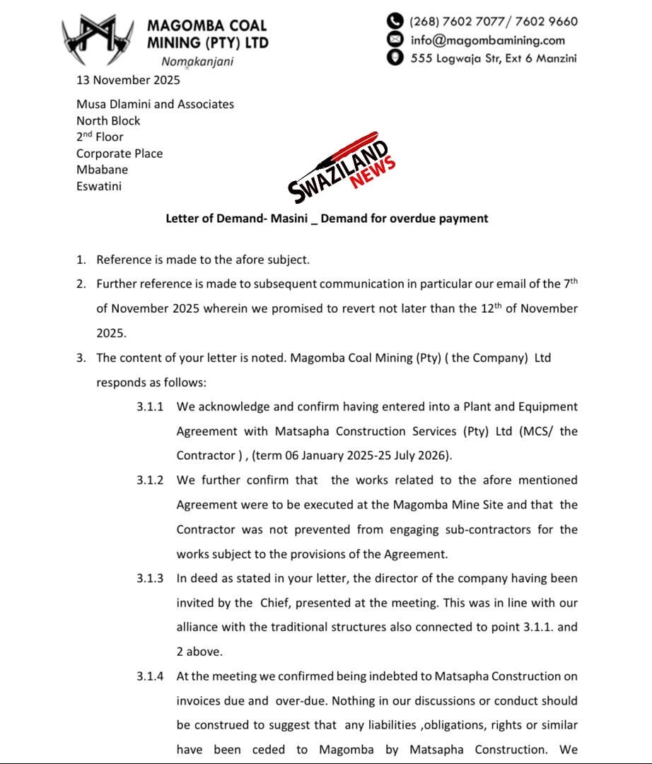 Crisis intensifies as Magomba Coal Mine as unpaid suppliers run to lawyers, Prince Lindani allegedly behind looting of mineral collapsing newly opened mining company.