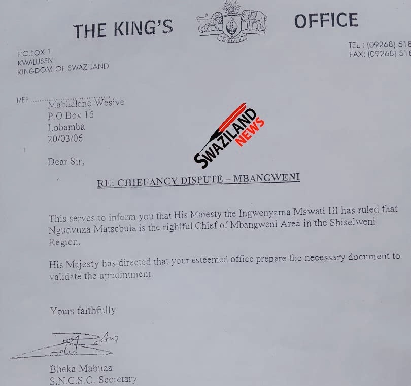 King Mswati overruled by his own Ludzidzini Council amid bribery allegations, Spokesperson Percy Simelane says King’s order reigns supreme hence Ngudvuza Matsebula remains the Chief of Mbangweni.