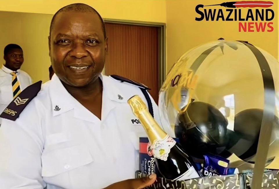 Mliba Police officer Sergeant Derrick Dlamini gets surprise birthday gift while on duty from daughter who thanked him for being a good and responsible father, present delivered by K.K Gifting.