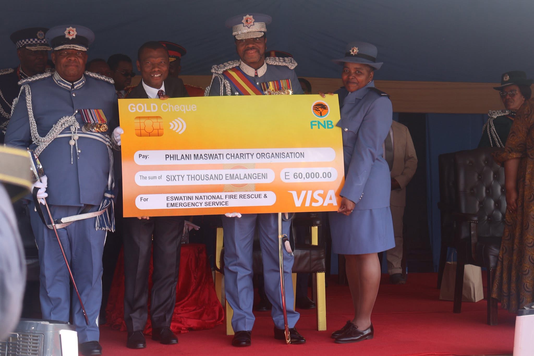Philani Maswati gets R60,000.00 donation from Department of Fire and Emergency Services, King Mswati applauds Chief Officer Luke Lushaba for wise leadership.