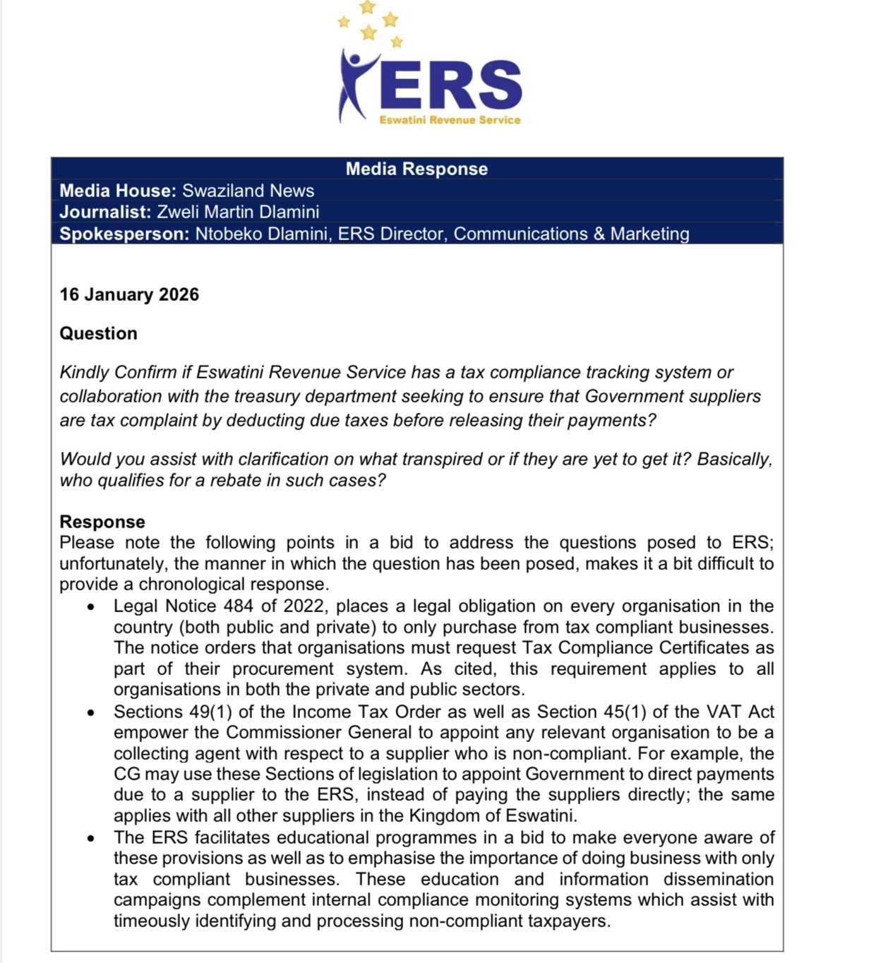 REVEALED:New Treasury Department system tracking tax evaders, some Government suppliers payments halted pending engagements with Eswatini Revenue Service (ERS) amid failure to submit tax returns.