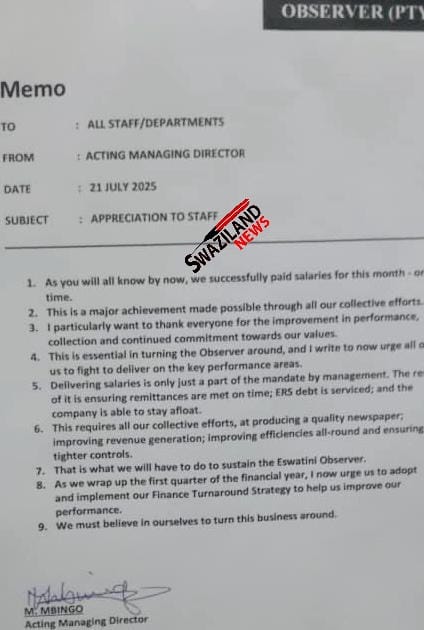 “You see salaries are paid on time when I’m the Acting Managing Director,” Swazi Observer editor Mbongeni Mbingo writes memo to employees.