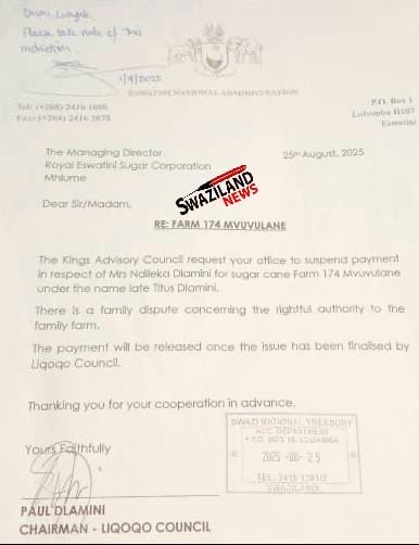 King Mswati’s Advisory Council Chairman Paul Dlamini stops Sugar Corporation Managing Director from paying widow ex-Senator Ndileka Dlamini as late husband’s relatives demand share of millions.