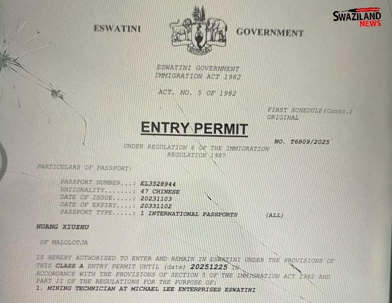 REVEALED:Questionable entry permit retrieved from detained Chinese national Haung Xiuzhu’s cellphone exposes Malolotja Mine Taiwan investor Michael Lee amid alleged human trafficking allegations, smuggling of multibillion mineral.