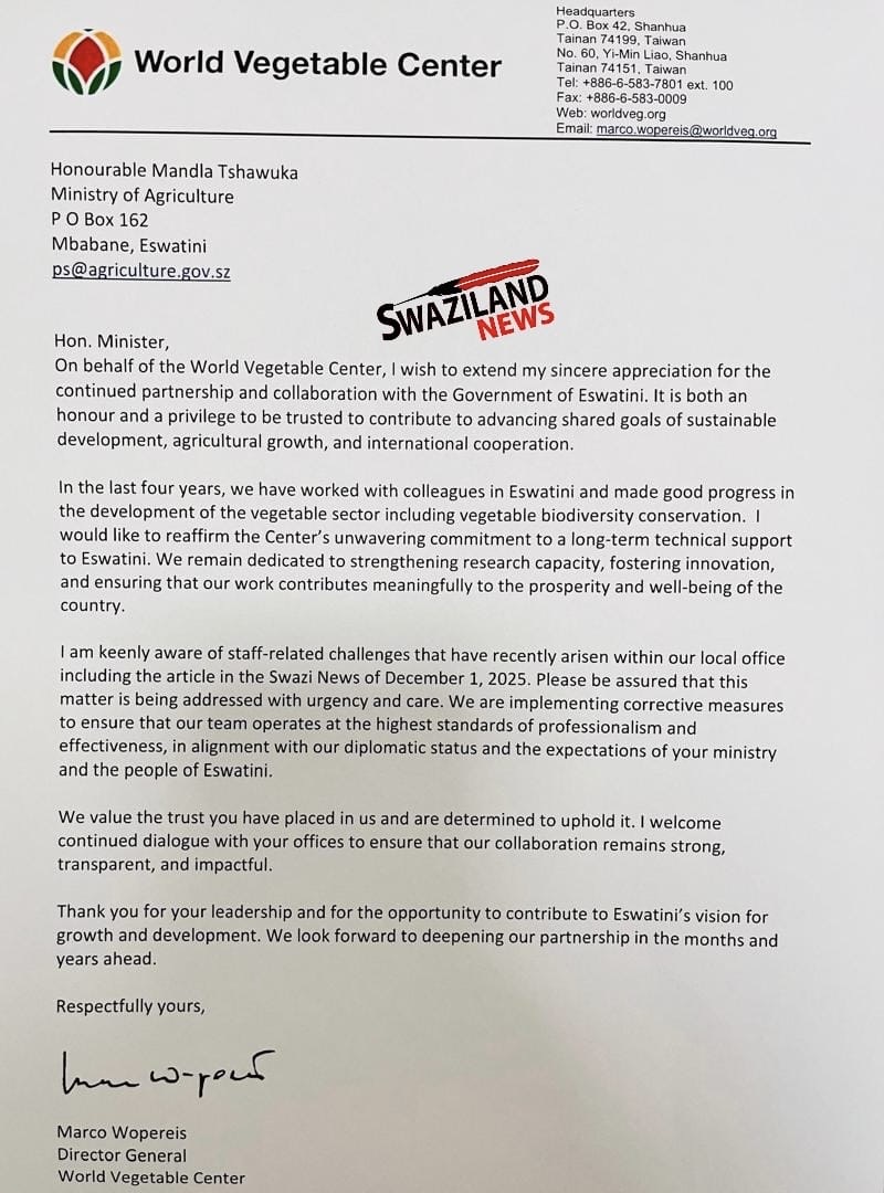 Taiwan Embassy World Vegetable Center Director General writes to Agriculture Minister Mandla Tshawuka, clarifies Swaziland News article exposing alleged violation of workers rights.