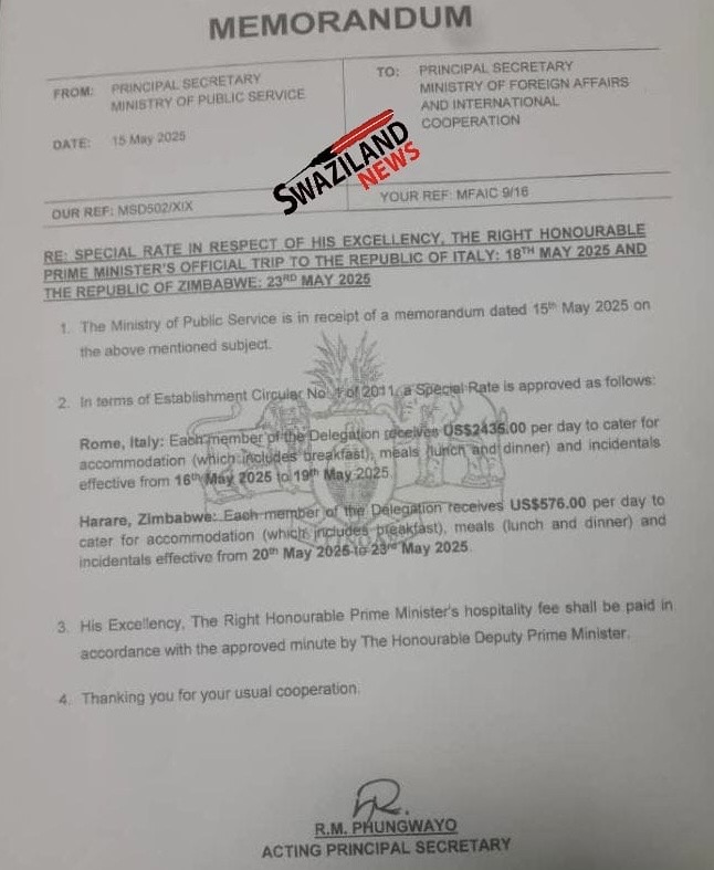 REVEALED:Evidence substantiating how Prime Minister Russell Mmiso Dlamini allegedly steals over R40,000.00 per-day on international trips amid shortage of drugs in public hospitals.