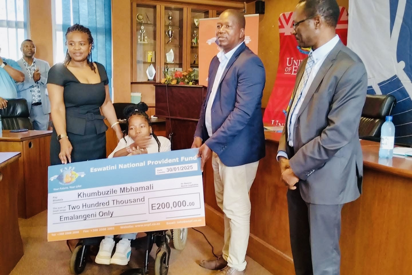 Eswatini National Provident Fund(ENPF) sponsors disabled University student Khumbuzile Mbhamali with R200,000.00.